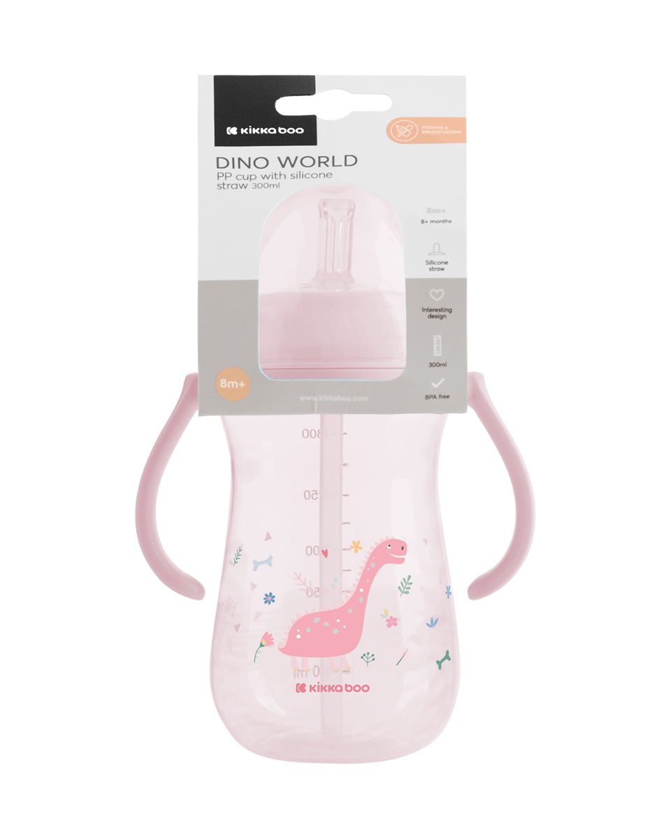 Vasito de PP con pajita de silicona 300ml Dino World Rosa