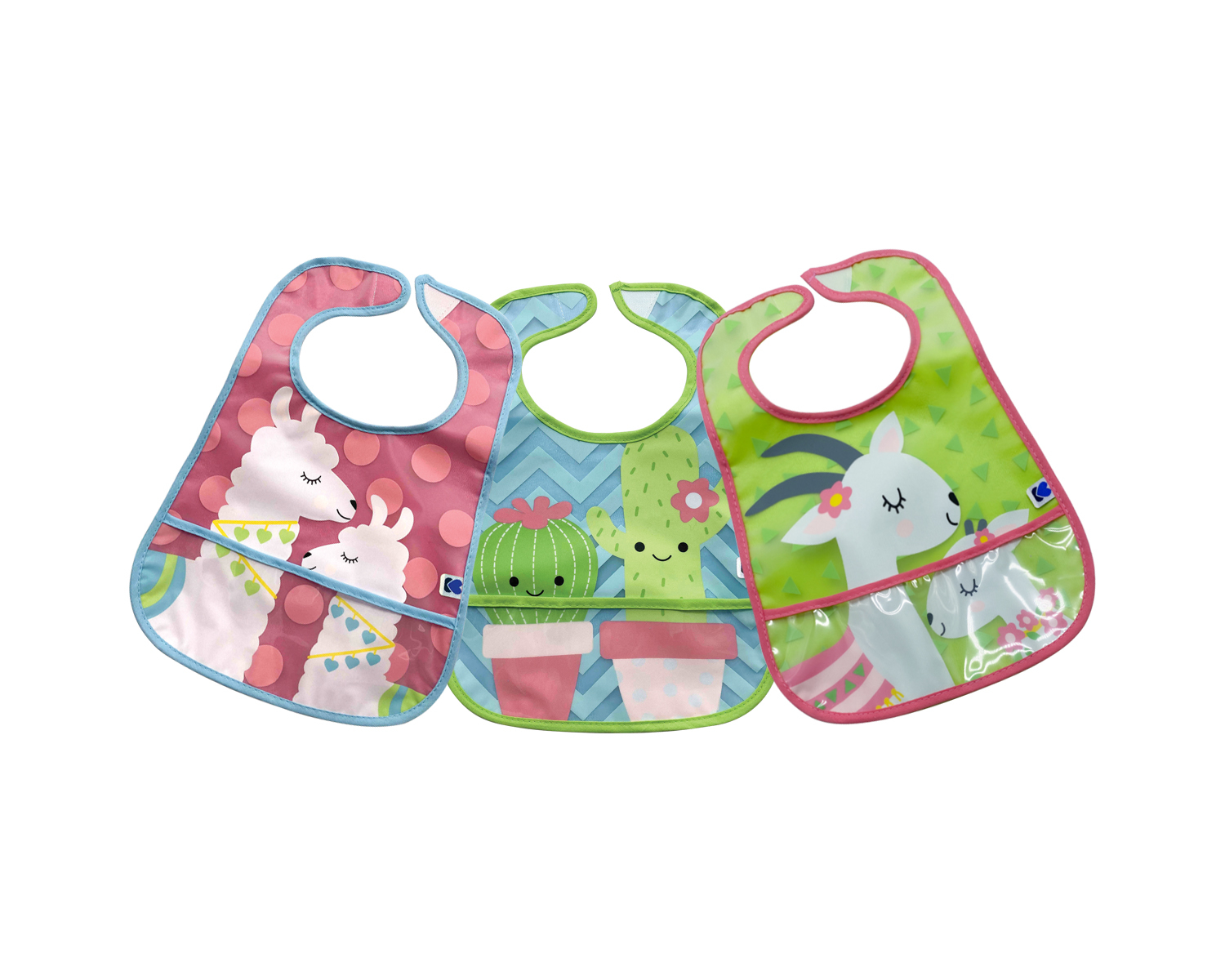 Set de baberos de rizo y EVA con recogemigas 3 uds Lama-Cactus-Goat