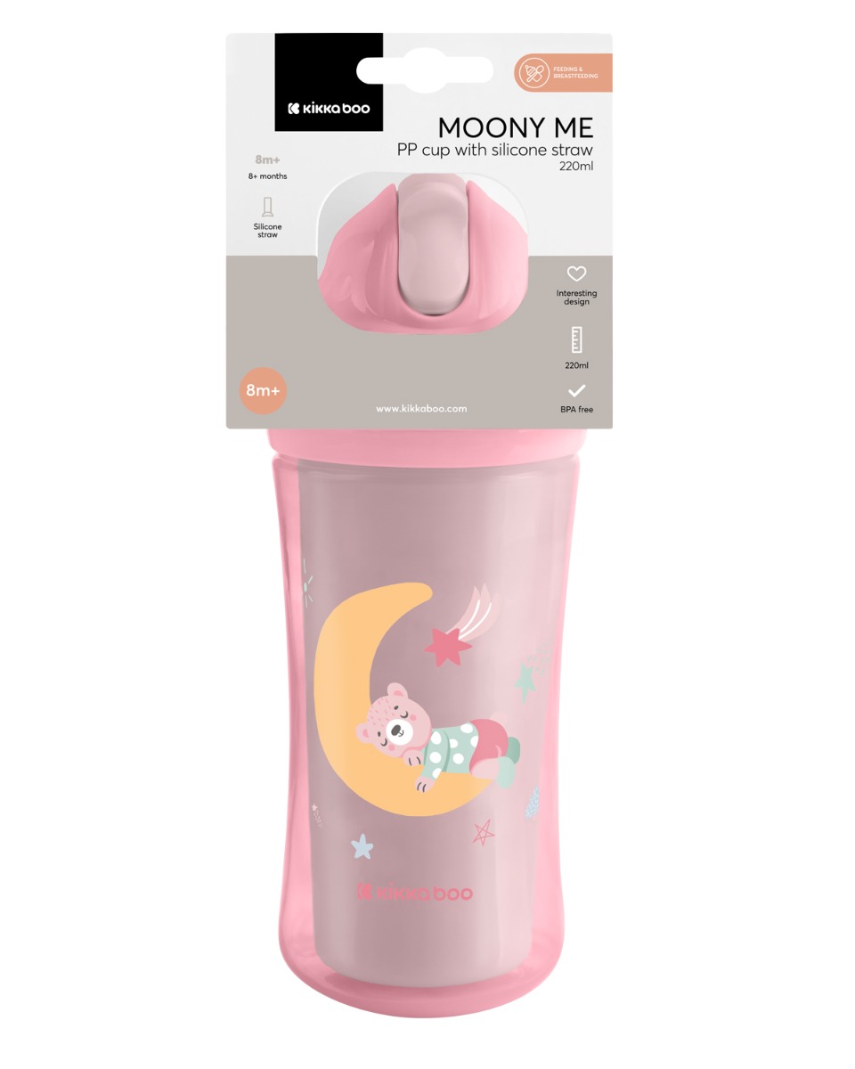 Vasito de PP con pajita de silicona 220ml Moony me Rosa