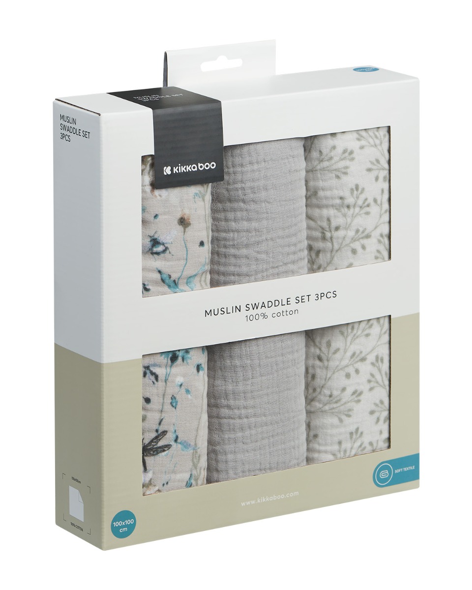 Juego de pañales de muselina 3 uds 100x100 cm Dreamy Fields Grey