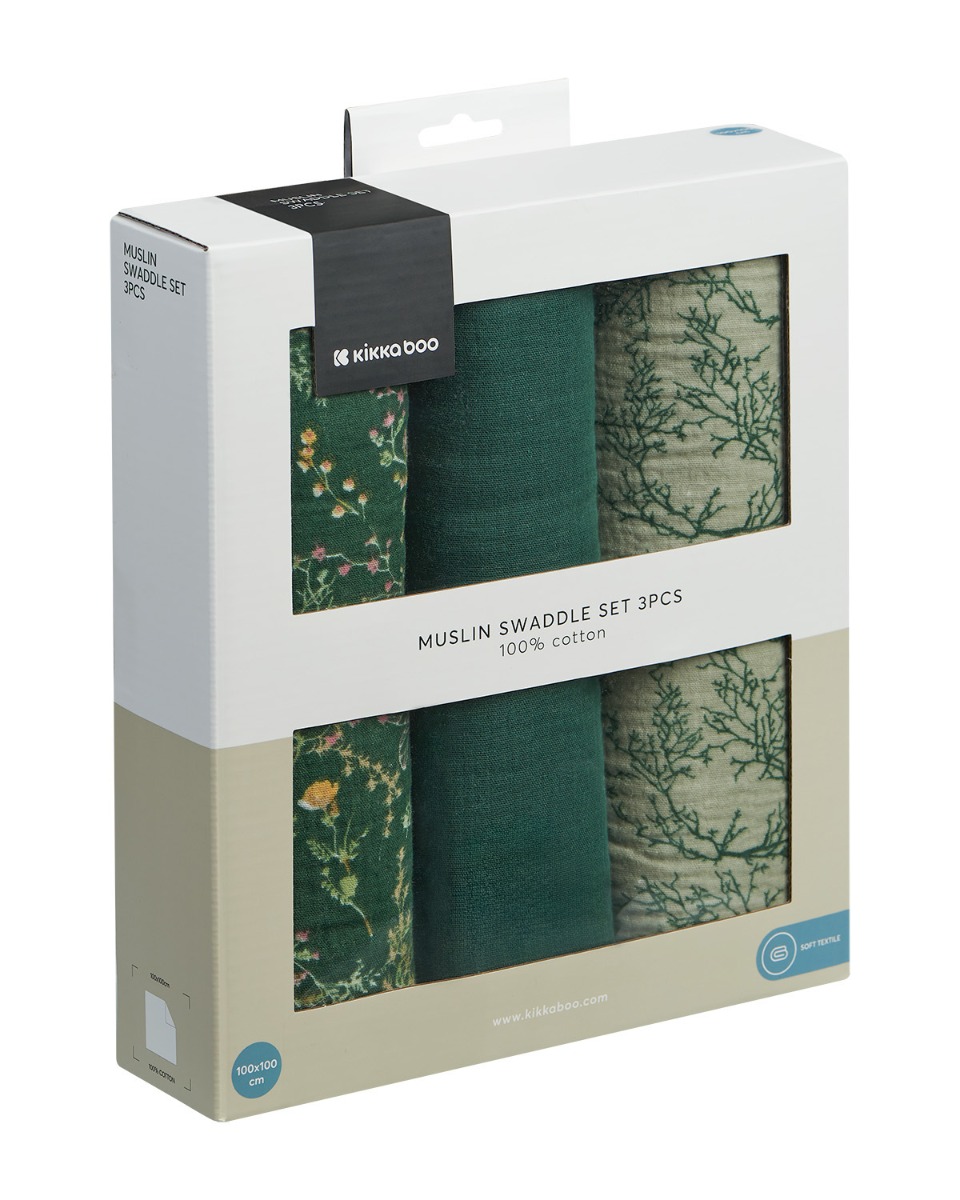 Juego de pañales de muselina 3 uds 100x100 cm Secret Garden Green