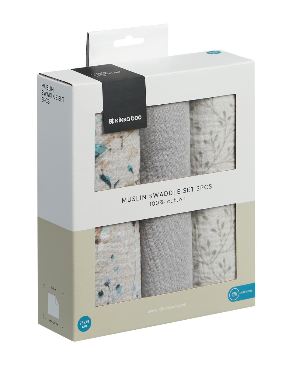 Juego de pañales de muselina 3 uds 75x75 cm Dreamy Fields Gris