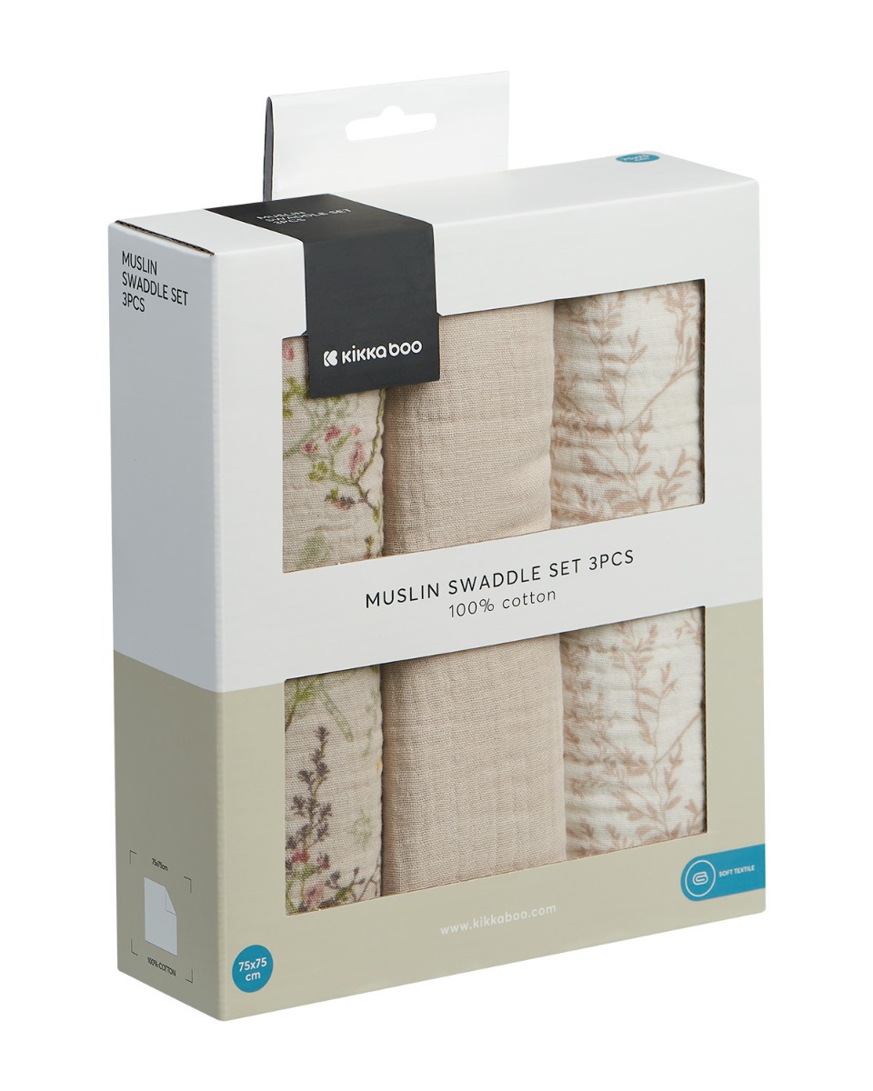 Juego de pañales de muselina 3 uds 75x75 cm Secret Garden Beige